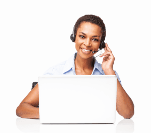 Woman at laptop on headset performing remote online notary session
